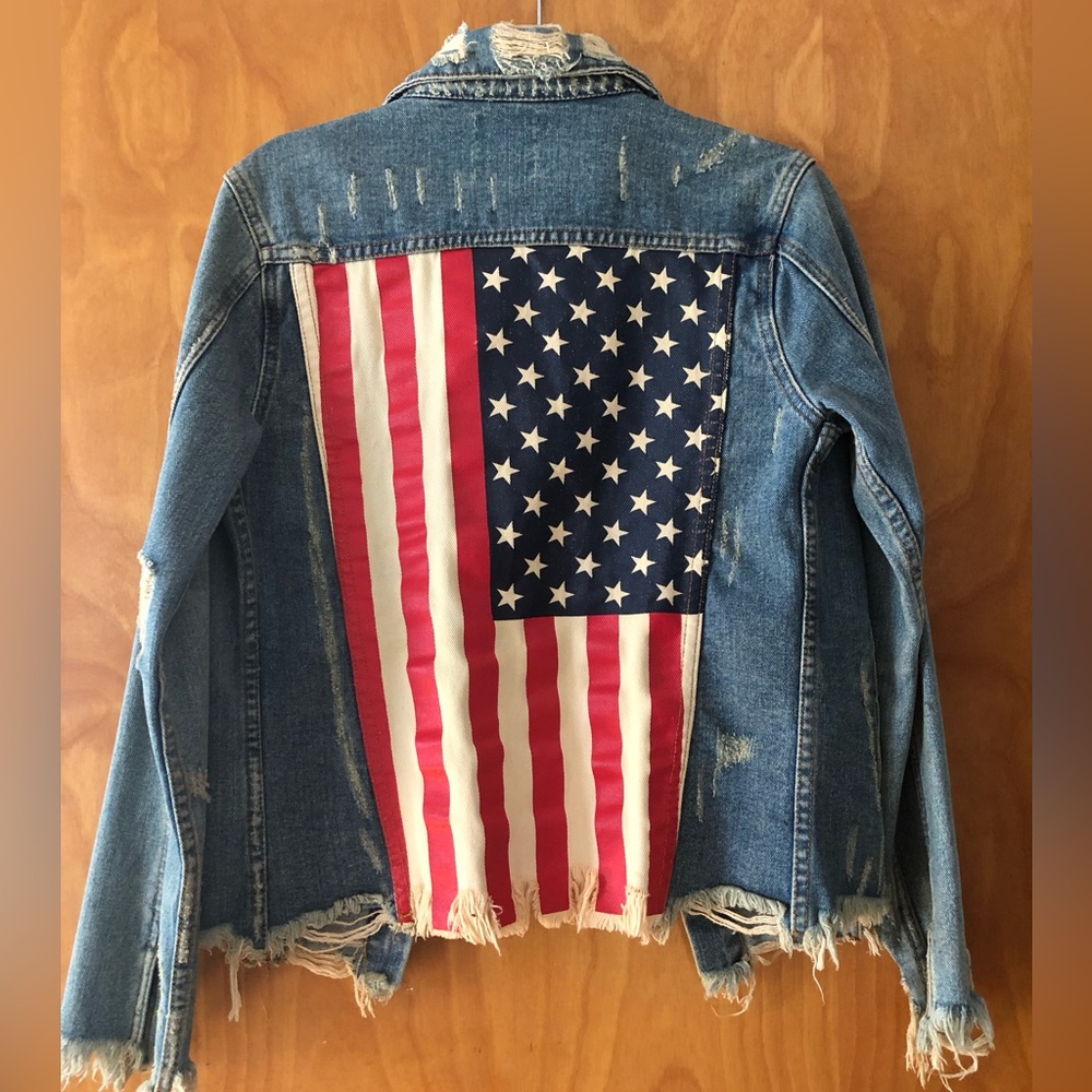 UNIF distressed denim jacket with American flag 🇺🇸 on the back size S